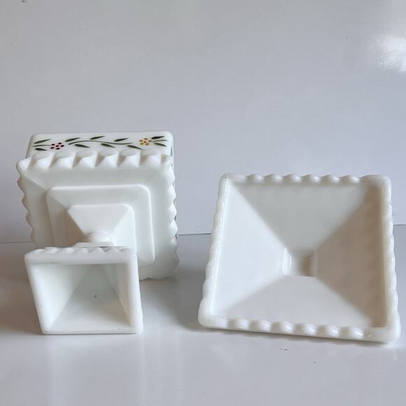 Vintage Hand Painted Milk Glass Footed Candy Dish With Lid - Picture 3 of 3